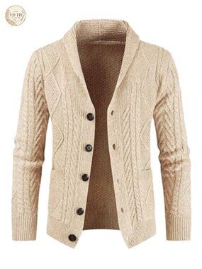 Mens Shawl Collar Cable Knit Button Front Cardigan Sweater Pockets
